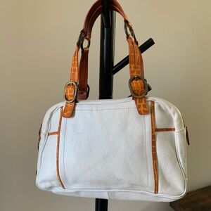 White and Tan Shoulder Bag with Leather Accents
